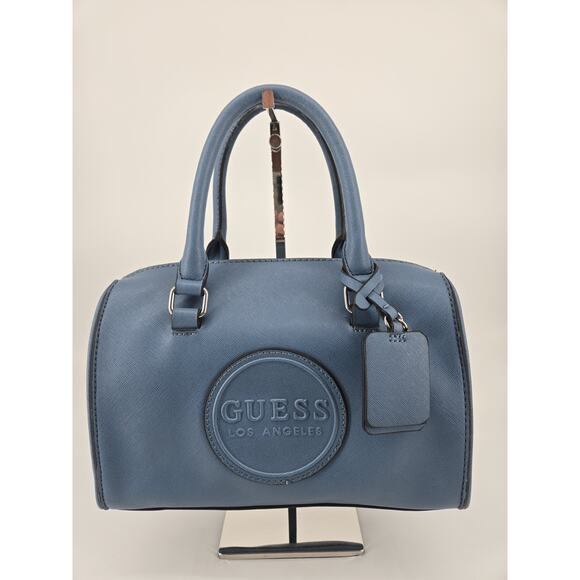 Guess Barrel Logo Patch Faux Leather Blue Denim Color Handbag - Picture 15 of 15